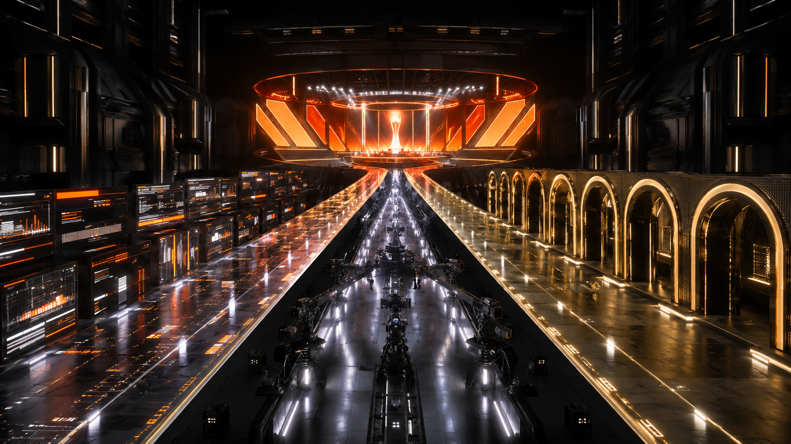 Três caminhos iluminados convergindo para a arena da Batalha das Bets